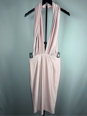 L'ATISTE Light Blush Pink Backless Deep V Midi Dress